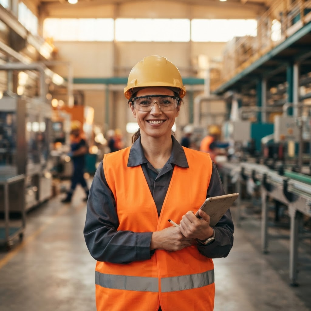 Une opératrice souriante portant un casque et un dossard de sécurité dans une usine de production moderne